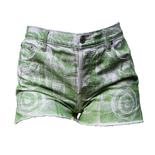 Hand Printed Denim Shorts Circle Green