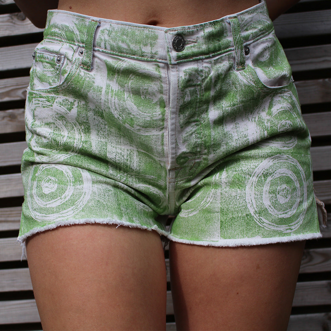 Hand Printed Denim Shorts Circle Green